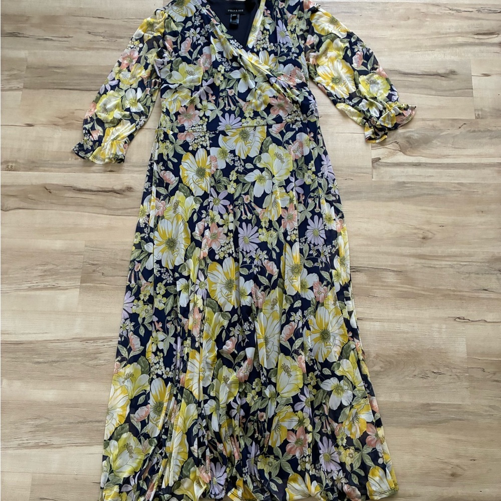 Floral Wrap Maxi Dress - Navy with Yellow & Pink